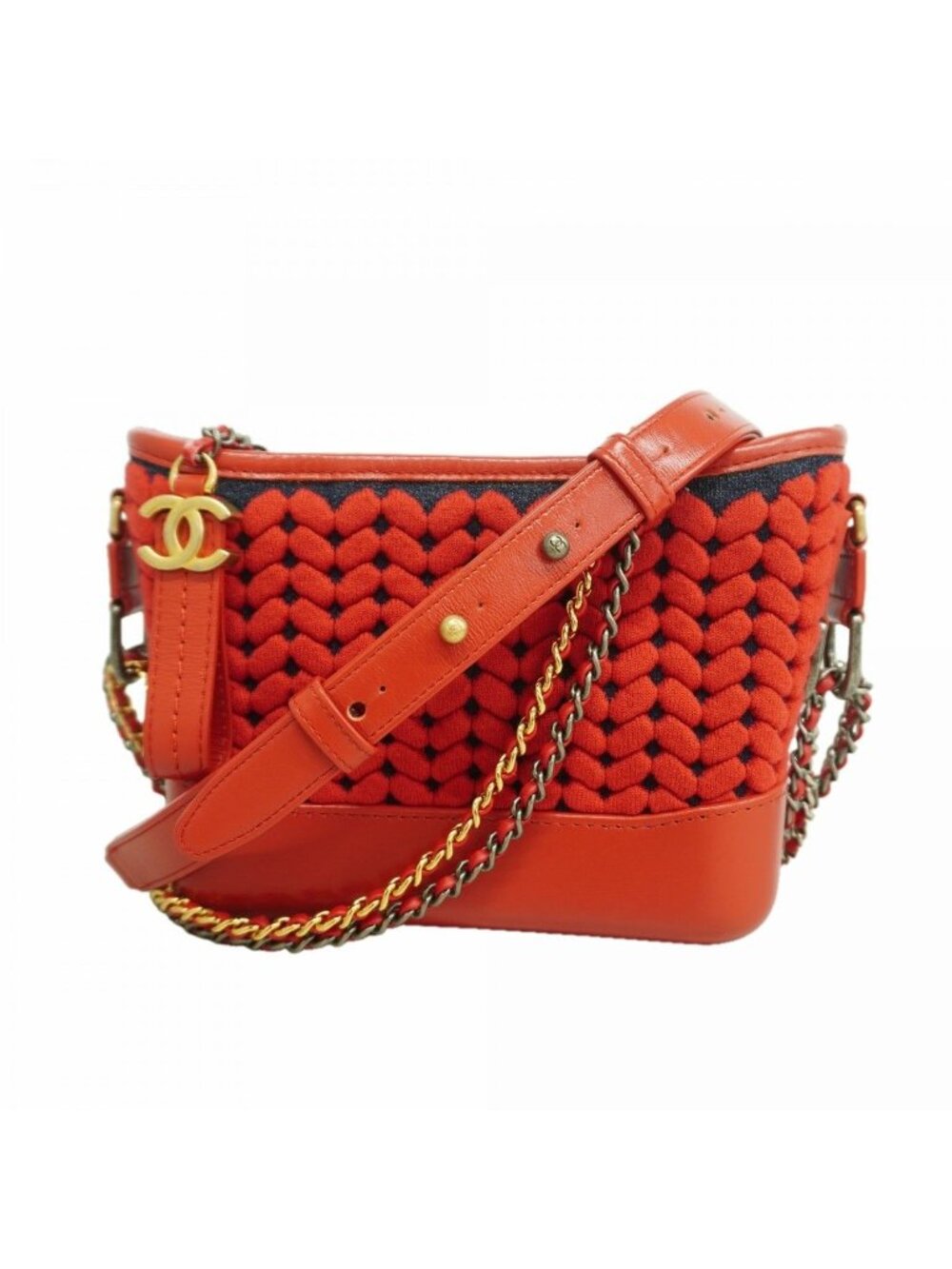 Chanel Shoulder Bag Knit Fabric Red Gold Silver